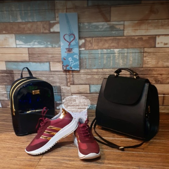 Two Black Bags And Wine Sneakers Combo